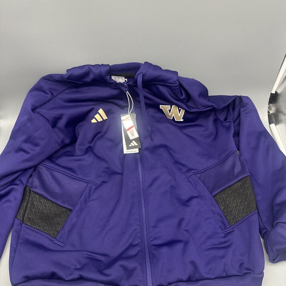 Washington Huskies Adidas Purple Team Issue Zip Fleece Hoodie Sweatshirt Size L